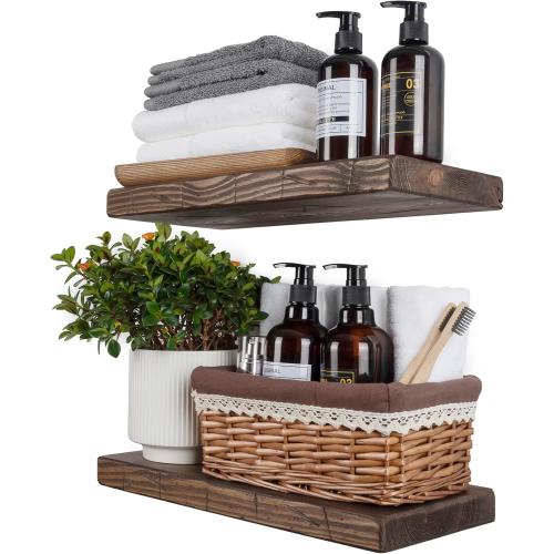 BGMG Floating Shelves 16 inch Long, Distressed Rustic Wooden Wall Shelves for Bathroom Living Room Bedroom Kitchen Farmhouse Set of 2-16x6.7x1.25 inch-Distressed Walnut
