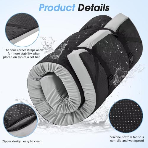 GREY CYMULA Memory Foam Camping Mattress Pad,3inch Sleeping Pad for Camping,Non-Slip Bottom Floor Cot Car Mattress Bed with Retaining Portable Roll up Mattress Pad Mat for Travel Truck Guest Bed Tent