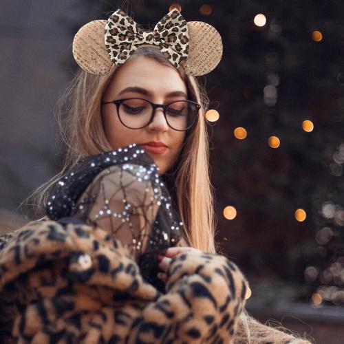 Bows Mouse Ears Headband - 2 Pcs Cute Sequin Headband for Women, Suitable for Halloween Variety Holiday Party Favors and Cosplay Role Play(Rose Gold and Leopard Print)
