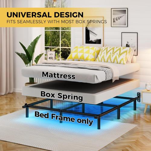 Queen Bed Frame with Smart LED Lights, 7 Inch Basics Metal Bed Frame, Heavy Duty 9-Leg Base for Box Spring and Mattress, Noise-Free, Easy Assembly, Black