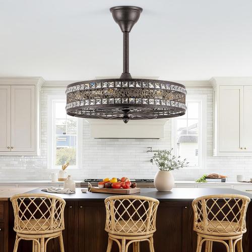Antique Bronze Chandelier Ceiling Fan with Light,Crystal Caged Fandelier | 21 Inch Vintage Victorian Ornate Bladeless Enclosed Drum Light Fixture For Bedroom,Home office, Kicthen Island, Living Room