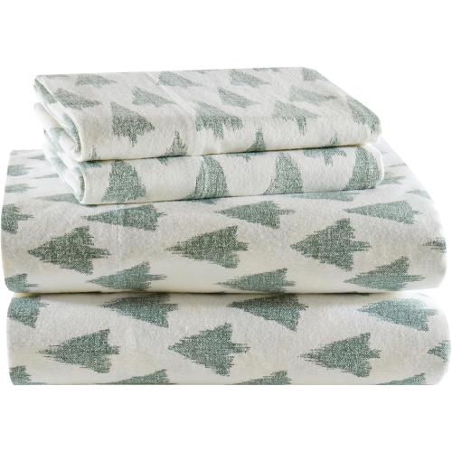 Queen Size True North by Sleep Philosophy Cotton Sheet Set Cozy Print 100% Cotton Flannel Sheets Bedding Set, Oversized Sheets, Deep Pocket Fits Up to 14 Mattress Queen Bed Sheets Queen Ikat Tree 4 Piece