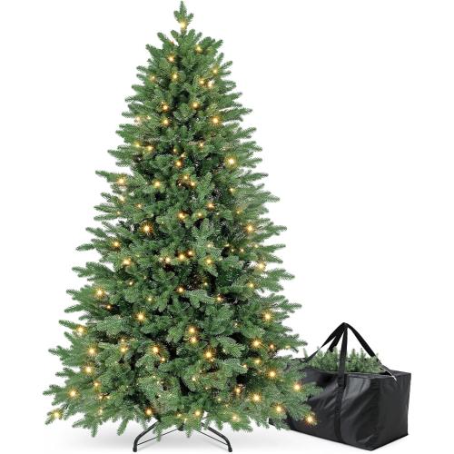 6ft Christmas Tree Prelit w/ 2085 PE & PVC Mixed 'Feel Real' Branch Tips, 400 Warm LED Lights, Hinged Spruce Artificial Xmas Tree with Metal Stand & Bag for Home, Office, Party Décor