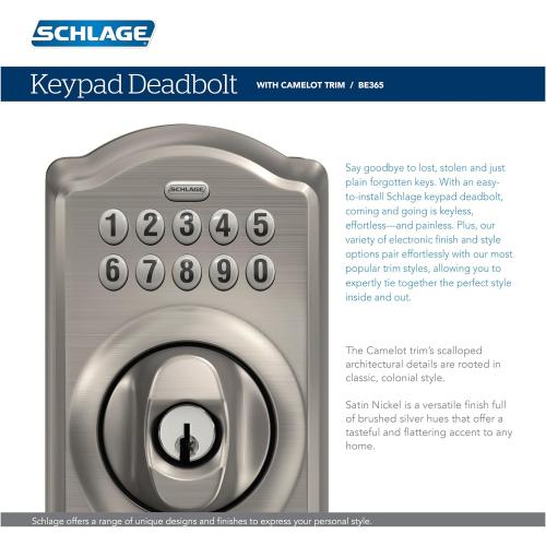Schlage BE365 V CAM 716 Camelot Keypad Deadbolt, Electronic Keyless Entry Lock, Aged Bronze