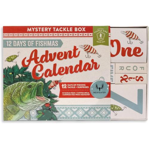 Mystery Tackle Box 12 Days of Fishmas Advent Calendar – Bass Fishing Lure Gift Set with 35 baits & lures including 10 Premium Baits, Holiday Decal & Meateater Trivia Pack