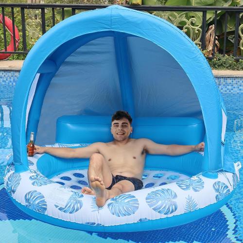 Inflatable Pool Float with Canopy Shade, Extra Large Floating Island, Cup Holder, Tropical Leaf Design
