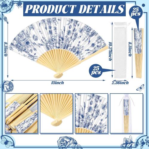 25 Sets Blue Floral Hand Folding Fans with Organza Bags Bulk Blue Flower Wedding Favors for Guests Vintage Foldable Paper Fans for Bridal Shower Wedding Bridesmaid Thank You Gift Decorations