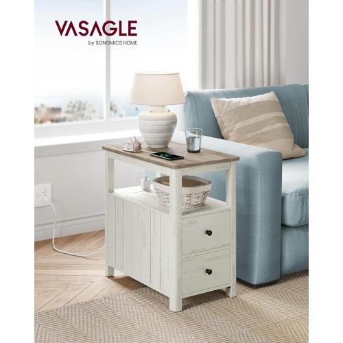 VASAGLE Side Table with Charging Station, Narrow Nightstand with 2 Drawers, Living Room End Table with Storage, for Small Spaces, Coastal Style, Vintage White and Heather Greige ULET322W73