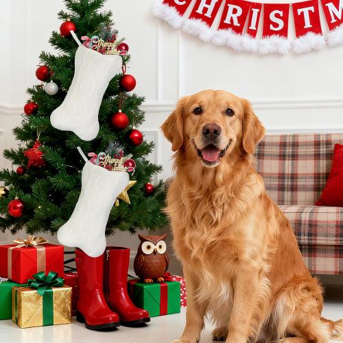 Dog Stockings Christmas Red Knit Christmas Stockings for Dogs Large Bone Shaped Hanging Xmas Stocking for Dogs Cats Pets (White)
