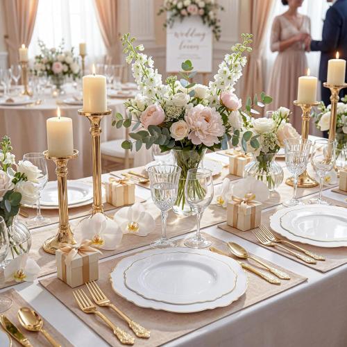 WDF 60pcs Gold Plastic Dinner Plates -10.25inch Baroque White and Gold Plates Fancy Plastic Plates for Upscale Bridal Shower & Wedding & Birthday