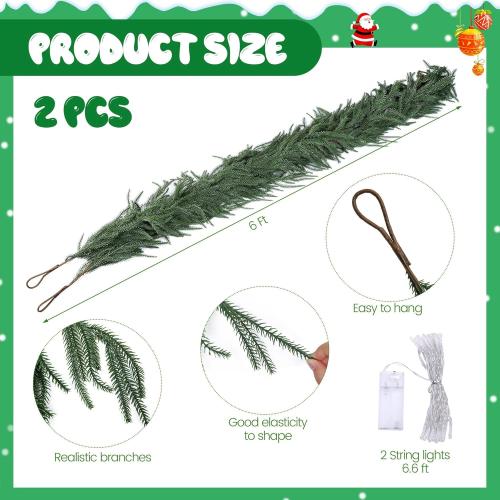 Fovths 2 Pack 6 Feet Christmas Norfolk Garlands, Winter Pine Garland Ornament with Light String, Green Artificial Greenery Garland for Table Mantle Wall Indoor Outdoor Christmas Decor