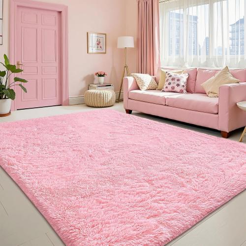 OLANLY Area Rugs for Living Room Bedroom, Machine Washable 4x5.9 ft Soft Fluffy Shaggy Bedside Rug, Indoor Floor Carpet for Kids Girls and Boys, Dorms, Nursery Rooms, Home Decor Aesthetic, Pink