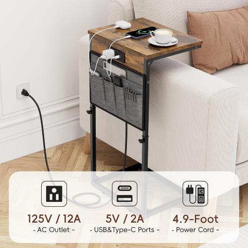 Black Wood Brown and Grey Vagusicc C Shaped End Table with Charging Station, 33 Tall Side Table for Couch, Sofa Table Adjustable Height Small Couch Side C Table, Slide Under Sofa Tray Arm Table for Living Room, Bedroom, Brown