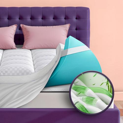 Dual Layer 4 Inch Memory Foam Mattress Topper for Pressure Relief with 4X Support, 2 Fluffy Pillow Top Queen Mattress Topper 50% Viscose Made from Bamboo Plus 2 Cooling Gel Memory Foam Mattress Pad