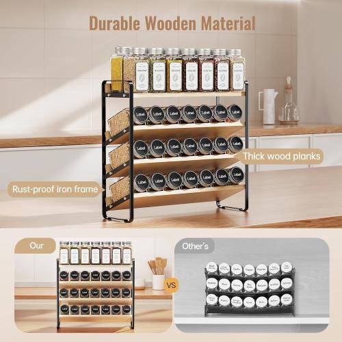 MUDEELA 4 Tier Spice Rack Organizer for Cabinet, Wooden Vertical Spice Shelf, Seasoning Organizer for Countertop, Kitchen, Pantry, Freestanding, 13.4 W × 11.2 H (No Jars Included), Black