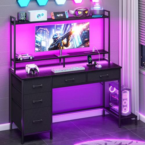 Black Computer Gaming Desk with Hutch, Home Office Desk with Power Outlets, LED Light, 5 Storage Drawers, 2 Tiers Shelves for Display, 47 Inch Modern Study Writing Table for Bedroom, Black