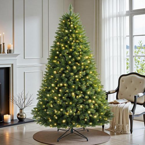 6 FT Pre-lit Christmas Tree, Artificial Pine Spruce Christmas Tree 980 PVC Branch Tips 300 Warm White Lights, Easy Assembly with Metal Stand and Hinged Branches Decoration