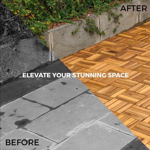 10 PCs Interlocking Deck Tiles, 12x12 inches Waterproof Wood Patio Floor Tiles for Indoor and Outdoor, Easy Snap Flooring, Balcony, Garden, Square Joints, Natural