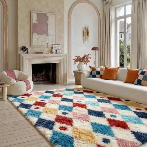 PureCozy Checkered Rug Fluffy Shag Living Room Colorful Area Rug Modern Washable Carpet Soft Shaggy Non Slip Indoor Plush Fuzzy Rugs for Bedroom Dorm Office Home Aesthetic Decor