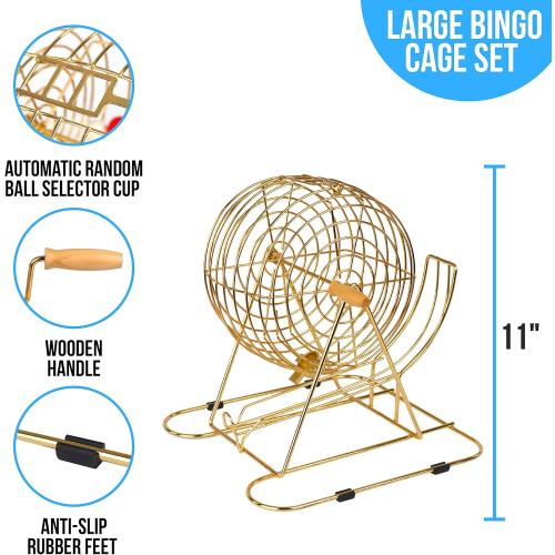 Regal Bingo Professional Bingo Game Set with 11 Wheel Cage, 75 Bingo Balls, Master Board, 18 Bingo Cards & 25 Jumbo Reusable Cards, and Colorful Chips - Bingo Games for Adults Large Group - Gold