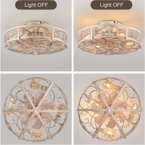Size 20 Caged Ceiling Fan with Light,Vintage Rustic Farmhouse Kitchen Decor,Bladeless Ceiling Fans with Lights and Remote,Low Profile Fan for Bedroom,Reversible 6 Speeds Motor,4 E26 Bulbs Included