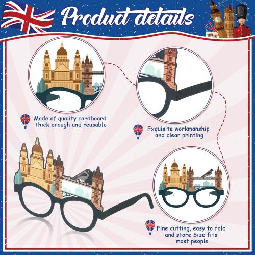 Capoda 32 Pcs British Party Decorations Favors British National Day Paper Glasses Photo Booth Props UK England Selfie Prop for London National Day Party Decorations Supplies