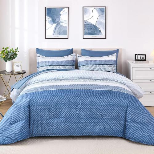 Drucon 7 Piece Striped Comforter Set King Size Light Blue Bed in a Bag, Soft Microfiber Complete Bedding Set with Sheets for All Season
