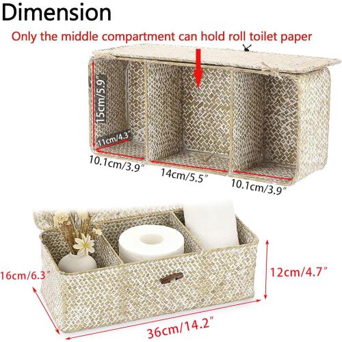 Hipiwe Seagrass Storage Basket Bin 3 Sections Hand-Woven Wicker Baskets with Lid Bathroom Basket Toilet Tank Baskets Holder for Organize Snack Tissue, Whitewash