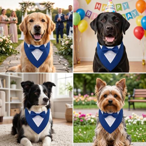 ADOGGYGO Blue Dog Tuxedo Bandana, Formal Wedding Bow Tie Collar, Adjustable Birthday Wedding Costume for Extra Large Dogs (XL)