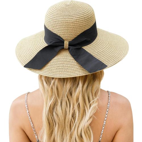 Tan Beach Hat for Women, Wide Brim Sun Straw Hats for Women, Sun Hat Womens UPF 50  UV Protection, Floppy Foldable Summer Hats