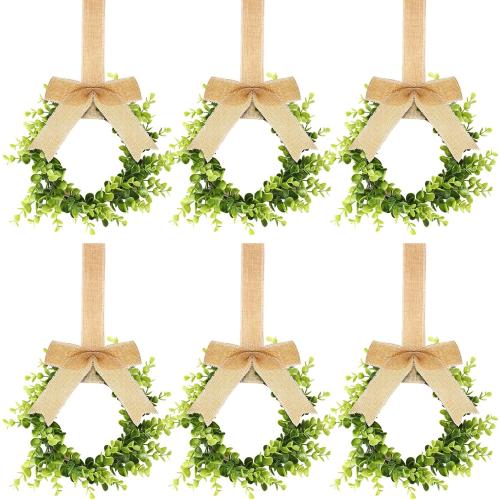Yilloog 6 Pcs Mini Christmas Wreaths for Kitchen Cabinet 9 Small Christmas Artificial Boxwood Wreaths with Linen Bow Xmas Party Decor for Door Window Wall Farmhouse Hanging