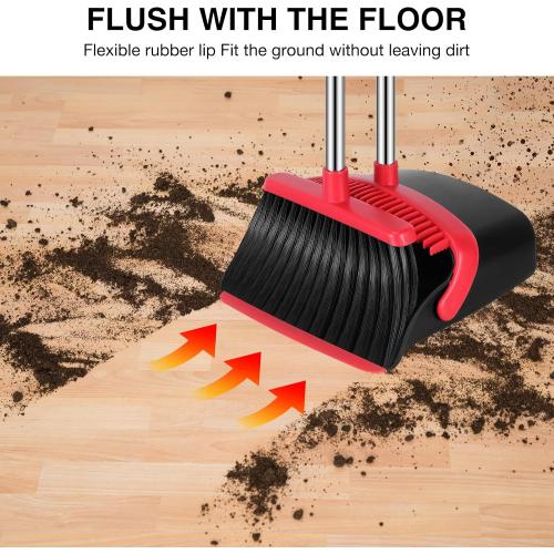 NACENA Broom and Dustpan Set, 52-in Long Adjustable Handle Broom Dustpan Combo with Dustpan Teeth to Automatically Clean Hair Suitable for Home Kitchen Office Hall Floor（Black&Red）