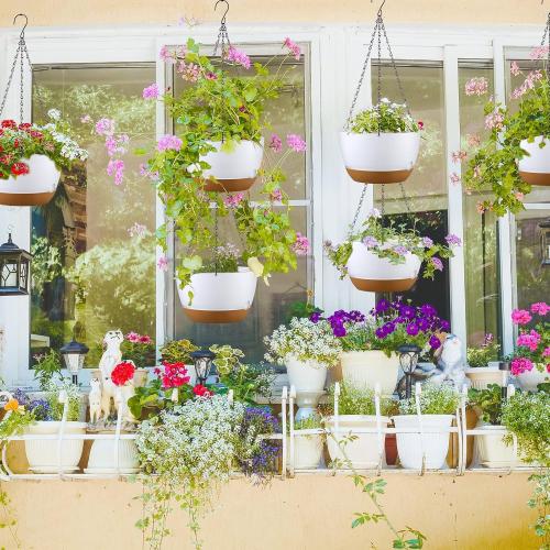 Remerry 6 Pcs 10 Inch Hanging Planter Hanging Plant Pot Plastic Round Hang Baskets for Plants Indoor Flower Pot with Drainage Holes Removable Trays for Garden Home Patio(White)