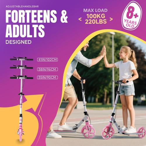 Color Pink Kick Scooter for Kids Ages 8  Teens & Adults, with Front handbrake and Rear Brake, and Adjustable Handlebars, Big Sturdy PU Flash Wheels Great Gift & Toy