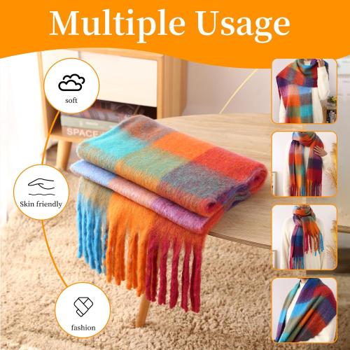 Winter Warm Super Soft Rainbow Long Shawl,Women's Faux Cashmere Knitted Thick Blanket Scarf,Tassels Scarf