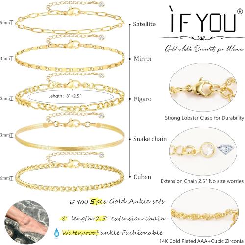 iF YOU Gold Ankle Bracelets for Women, 14k Gold Plated Waterproof Cuban Link Chain Anklets Set, Layered Anklet Bracelets for Women Beach Gift Adjustable Size 5pc