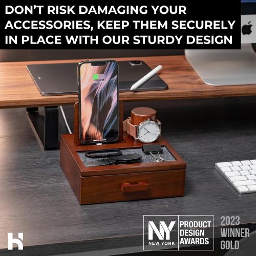 Holme & Hadfield Premium Wooden Phone Docking Station with Drawer – Nightstand Organizer for Charging Phone – Declutter Your Space with Felt-Lined Protection & Watch Pillar - Gift For Men‼️COLOR:BLACK (missing 1 cable gripper) ‼️