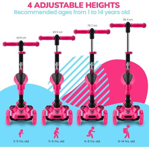 Hurtle 3-Wheeled Scooter for Kids - Wheel LED Lights, Adjustable Lean-to-Steer Handlebar, and Foldable Seat - Sit or Stand Ride with Brake for Boys and Girls Ages 1-14 Years Old