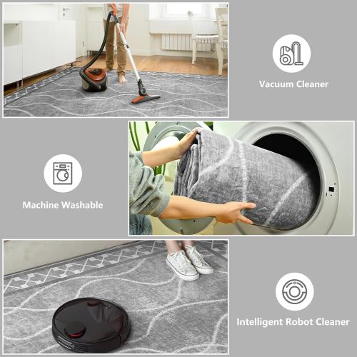 DweIke Area Rugs for Living Room, Machine Washable Bordered Rug for Bedroom, Luxury Rubber Backing (Non-Slip) Low Pile Throw Carpet for Dining Room Kitchen Home Decor, Grey