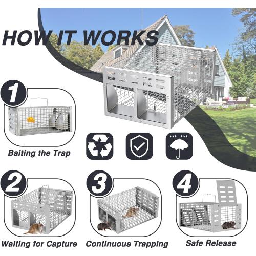 Rat Trap, Humane Live Rat Trap & Automatic Reset Mouse Traps with Dual One-Way Door Design – Catch and Release for Mice, Chipmunks, Hamsters, and Other Rodents, Indoors & Outdoors(Silver)