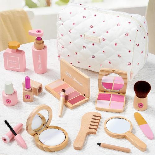 Lonico Wooden Makeup Toy Set for Girls Pretend Play Makeup Kit for Toddlers 3-5 with Eyeshadow/ Mascara/ Perfume/ Blush/ Mirror/ Bag, Birthday Gifts for Girls Toys Kids Aged 3 4 5 6 7 8