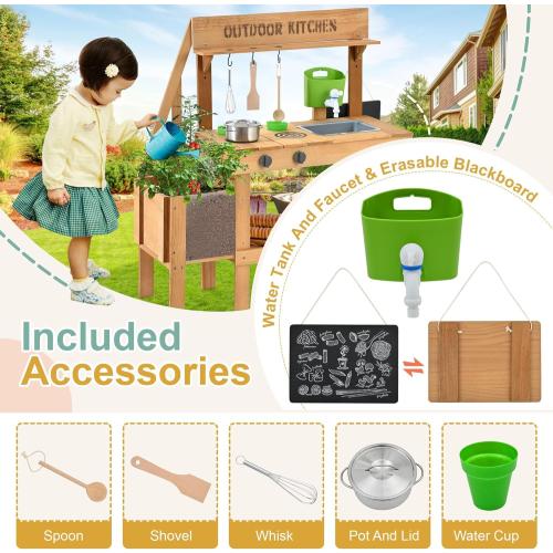 Mud Kitchen for Kids Outdoor, Wood Play Kitchen with Planter Box, Toddler Sink, Faucet, Blackboard, Water Cup and Accessories