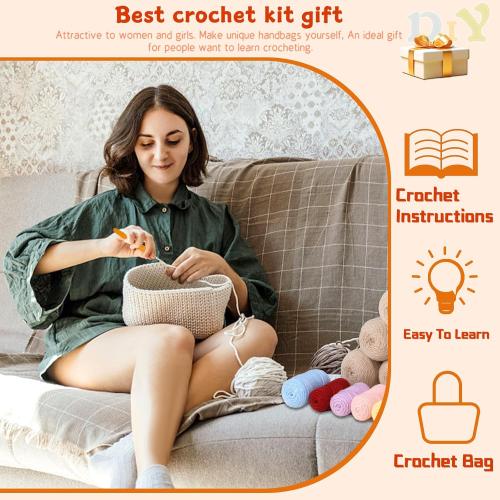 Pnytty Crochet Bag Kit for Beginners Complete Starter Set with Yarn, Hook & Step-by-Step Video Tutorials DIY Shoulder Bag Crafting Gift for Adults (Beige)