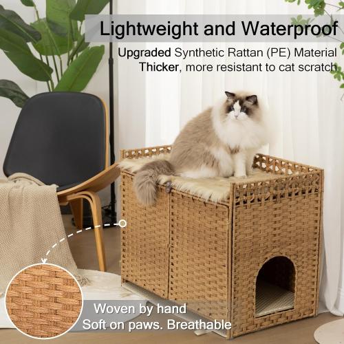 Furriends Cat Litter Box Enclosure with 2 Mats, Handwoven Rattan Hidden Litter Box Furniture Large 30.3”L x 18.2”W x 24.2”H, Double as Indoor Cat House or Side Table for Living Room Hallway, Tan