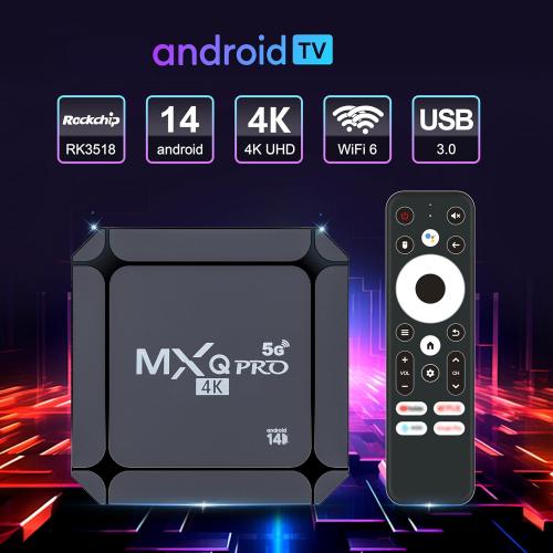 MXQ Pro 5G Android 14.0 TV Box 2025 Upgraded Ram 2GB ROM 16GB Dual Band 2.4G/5.8GHz WiFi6 BT5.0 4K AV1 USB 3.0 Ultra HD Voice Control Smart Home Player
