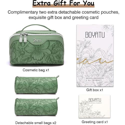 BOYATU Travel Makeup Bags Cosmetic Organizer Bag: 3-Set Large Capacity Make up Bag - PU Leather Toiletry Bags for Women - Wide Open Portable Pouch with Divider & Handle (03-Green-2)