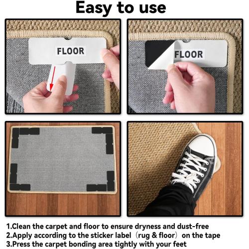 Rug Carpet Non Slip Grippers, Reusable Rug Tape Stickers Pads for Hardwood Floors and Tiles, Double Sided Carpet Grippers for Area Rugs Corners Flat, No Damaging for Floor Removable, 12Pcs