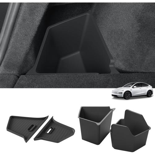LUCKEASY Rear Trunk Storage Bins Fit for Tesla Model Y Juniper 2025 2026 Trunk Side Storage Box with Lids Rear Cargo Garbage Bins for Model Y Juniper 2025.03-Present Accessories Black TPE