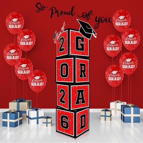 2026 Graduation Decorations Set - So Proud of You - Class of 2026 Balloon Boxes for Memorable Grad Party Supplies, Indoor/Outdoor Congrats Grad Home Door Décor Essentials（red and black）