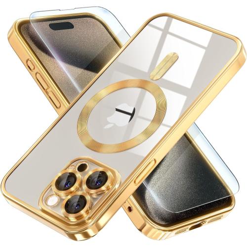 Size iPhone 15 Pro Max Color Gold Misea Magnetic for iPhone 15 Pro Max Case with MagSafe [Never Yellowing] [Military Grade Drop Protection] Full Camera Lens Protector Plating Soft Clear Phone Case for Women Girls, Gold